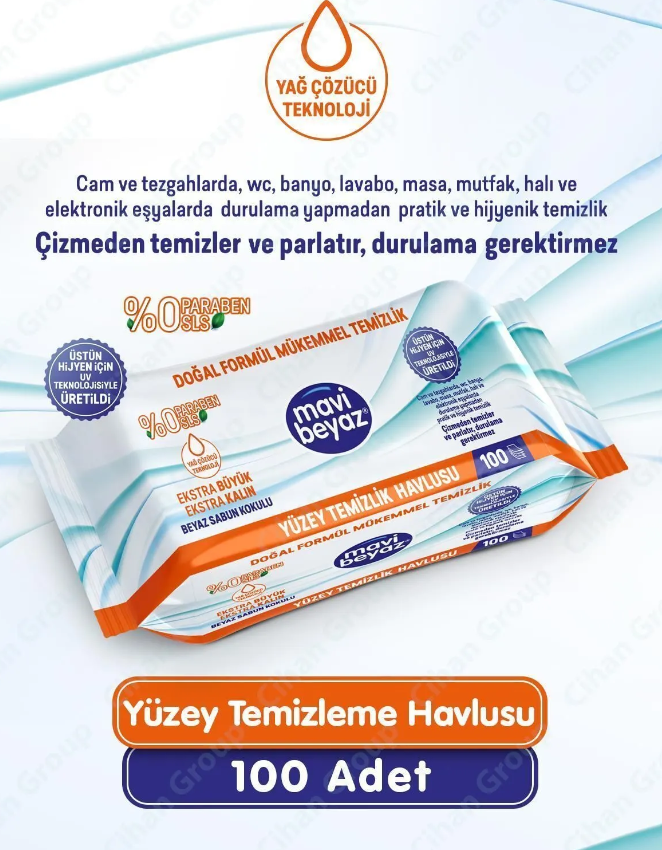 Mavi Beyaz Beyaz Sabun Katkılı Yüzey Temizlik Havlusu 100'lü